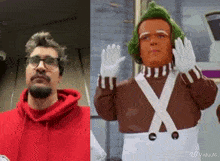 a man in a red hoodie is next to a man in a chocolate man costume