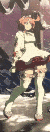 a girl in a white dress and white thigh high socks