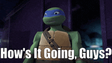 a picture of a teenage mutant ninja turtle with the caption how 's it going guys