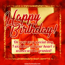 a happy birthday greeting card with a gift in the background