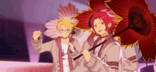 two anime characters are holding red umbrellas in their hands