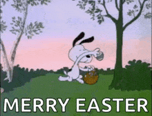a cartoon of snoopy holding a basket of eggs and a cup .