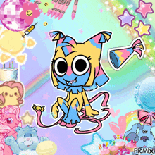 a cartoon drawing of a cat with a party hat and a sticker that says happy birthday