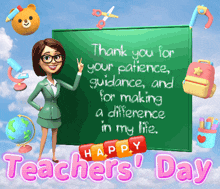 a cartoon teacher is standing in front of a blackboard that says thank you for your patience guidance and for making a difference