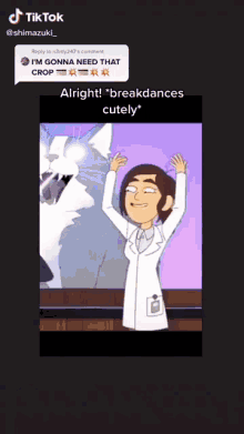 a cartoon of a woman in a lab coat with her hands in the air .