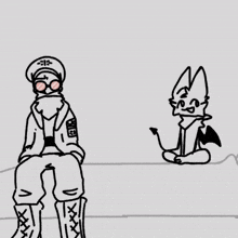 a drawing of a man holding a gun next to a cat