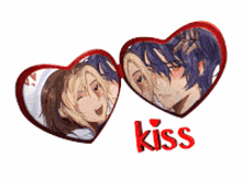 two hearts with a picture of a man and a woman and the word kiss