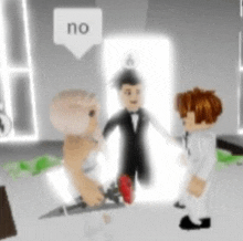 a bride and groom are standing next to each other in a room with a speech bubble that says no on it