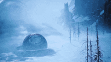 a snowy landscape with trees and a large sphere in the middle