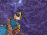 a person is holding a sword in front of a purple and blue background .