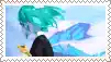 a postage stamp with a picture of a person with green hair and a mountain in the background .