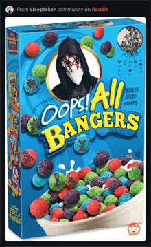 a box of oops ! all bangers cereal with a picture of a man in a mask