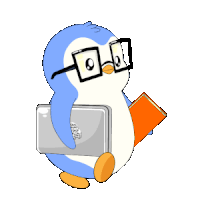 a penguin wearing glasses holds a book and a laptop