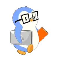 a penguin wearing glasses holds a book and a laptop