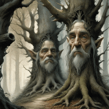 a painting of a man with a beard and elf ears standing next to a tree