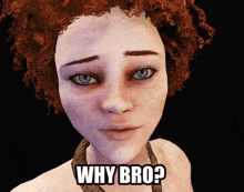 a woman with red hair says why bro on her face
