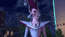 a cartoon character is wearing a red and white outfit and a necklace