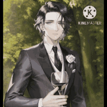 a man in a suit and tie is holding a glass of wine in his hand .