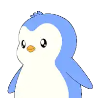 a drawing of a blue and white penguin with a can of milk on its head