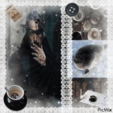 a picture of a man smoking a pack of marlboro cigarettes next to a cup of coffee