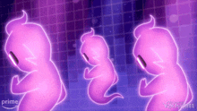 three purple ghosts are on a purple background with the words prime on the bottom right