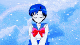 a girl with blue hair is wearing a sailor uniform with a pink bow