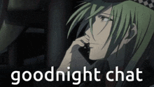 a man with green hair is talking on a cell phone with the words goodnight chat written below him