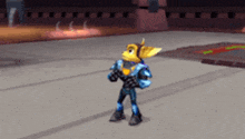 a cartoon character in a blue suit is standing on a concrete floor