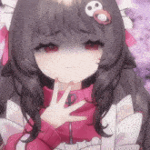 a girl with red eyes and a skull on her head