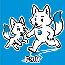 a blue background with two white foxes and the word path on the bottom