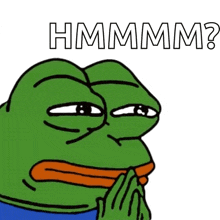 a cartoon of a green frog with the words " hmmmm " written below it