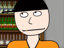 a cartoon of a man smoking a cigarette in front of bottles
