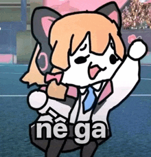 a cartoon of a cat dancing on a tennis court with the word ne ga written on it .