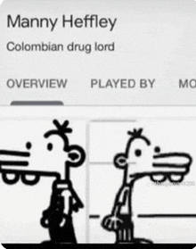 a black and white drawing of manny heffley , a colombian drug lord , standing next to each other .