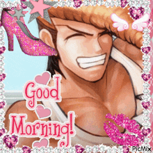 a picture of a man with a high heel and the words good morning