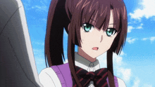 a girl with brown hair and green eyes is wearing a white shirt and purple vest