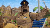 a cartoon police officer with a mustache is sitting on a blue chair .