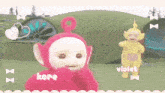 a pink teletubbies character with the word kore on it