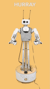 a robot with the word hurray written on it