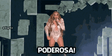 an animated image of a woman singing with the words poderosa written below her