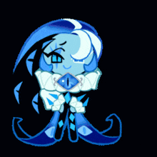 a cartoon character with blue hair and a necklace with the letter i on it