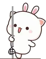 a cartoon rabbit is standing next to a pole and holding a stick .