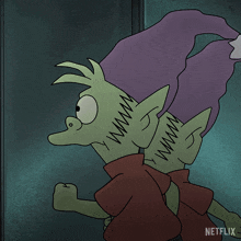 a cartoon character with a purple hat and a netflix logo on the bottom