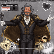 a man in a black and gold suit is holding a cane and a mask with the words toxic voice on it