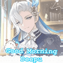 a good morning deepu greeting card with a cartoon character
