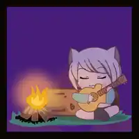 a pixel art drawing of a girl playing a guitar near a campfire