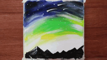 a painting of the northern lights with mountains in the background