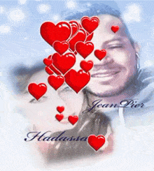a man and woman are surrounded by red hearts and the name hadassa