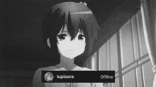 a black and white drawing of a girl with the name lupisora on the bottom
