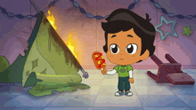 a cartoon boy is holding a hot dog in front of a tent on fire